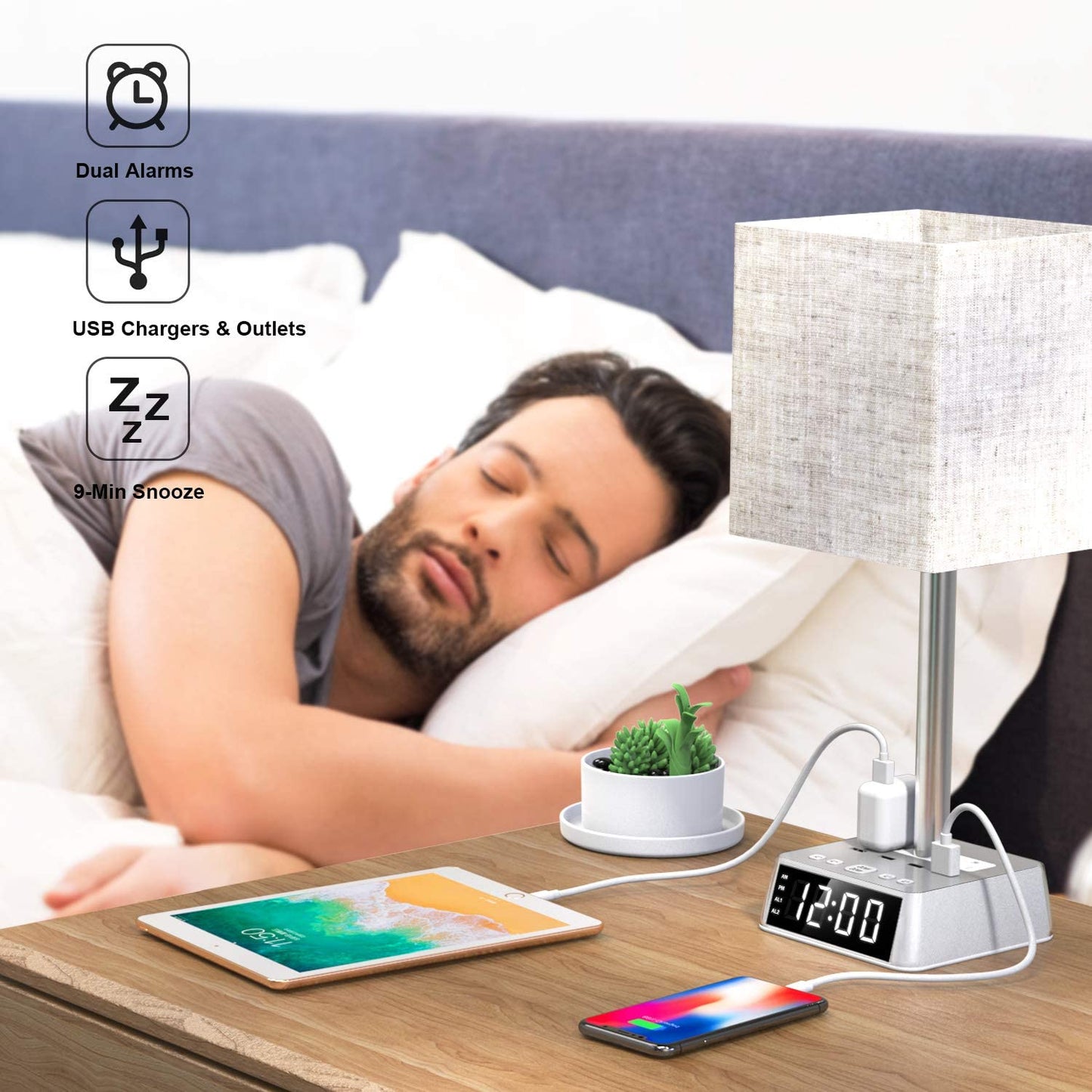 Table Lamp, 4 USB Ports & AC Power Outlets, Alarm Clock