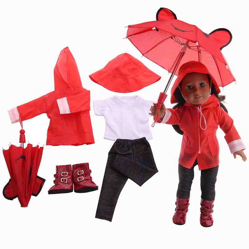 4Pcs=Raincoat+Umbrella+Rain Boots+Suitcase For 18 Inch American Doll&43Cm Reborn Baby Doll Accessories Generation Girl DIY Toys