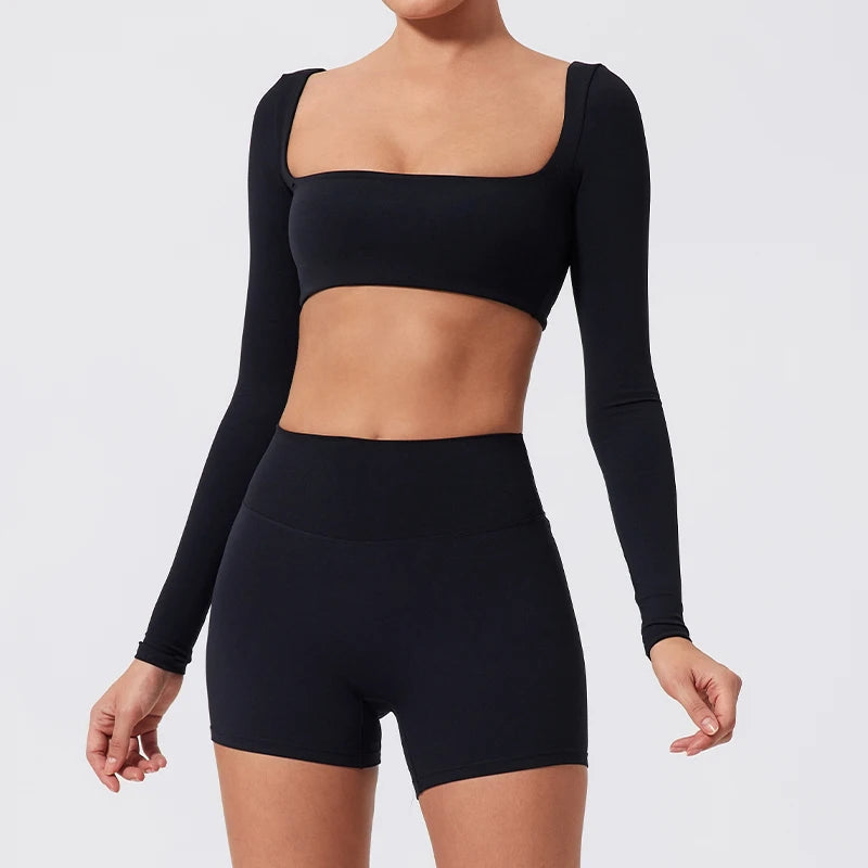 Hearuisavy Summer Quick Dry Square Neck Activewear Women Gym Top Fitness Sports Crop Top Female Casual Long Sleeve Yoga Clothes