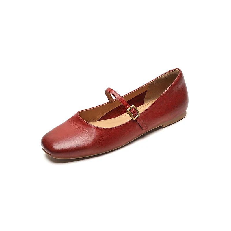 Retro Style Square Toe Women's Mary Jane Shoes Elegant Shallow Dress Flats Leather Footwear for Ladies