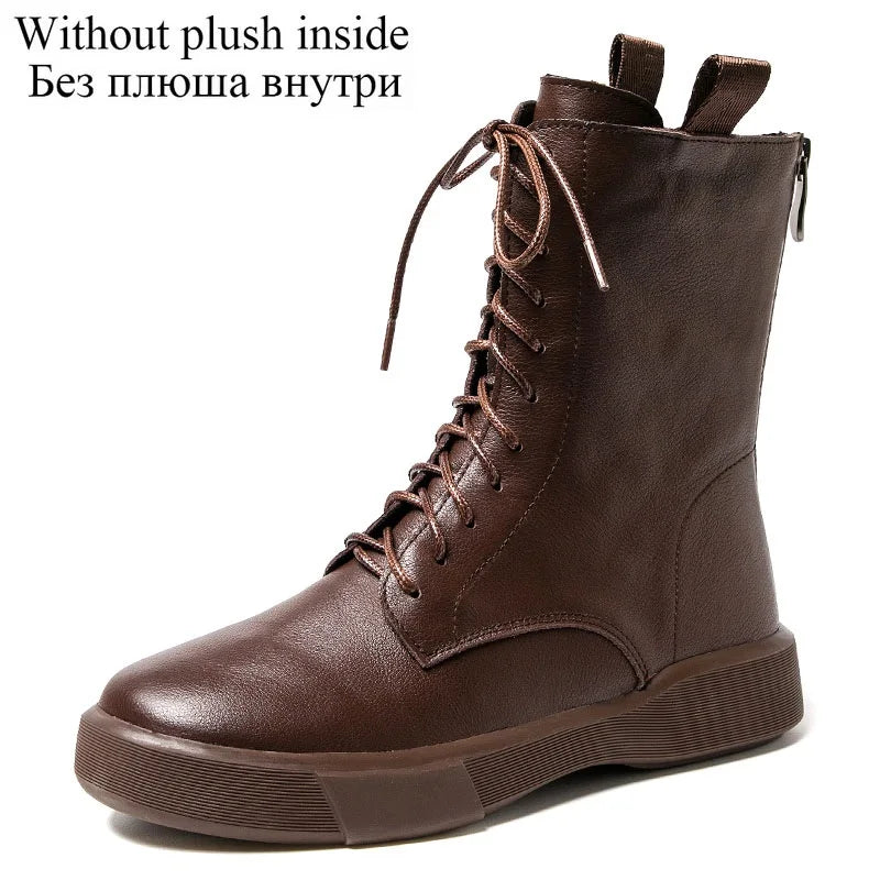 DRKANOL 2026 Fashion Women Boots Autumn Winter Shoes Soft Bottom 100% Genuine Leather Flat Mid Calf Boots Women Casual Warm Boot