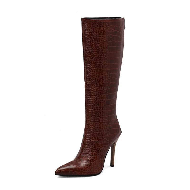 2025 White Snake Print Leather Knee High Boots Thin Heel Zipper Sexy Party Shoe Pointy Toe Thigh High Woman Long Boot Size 34-43