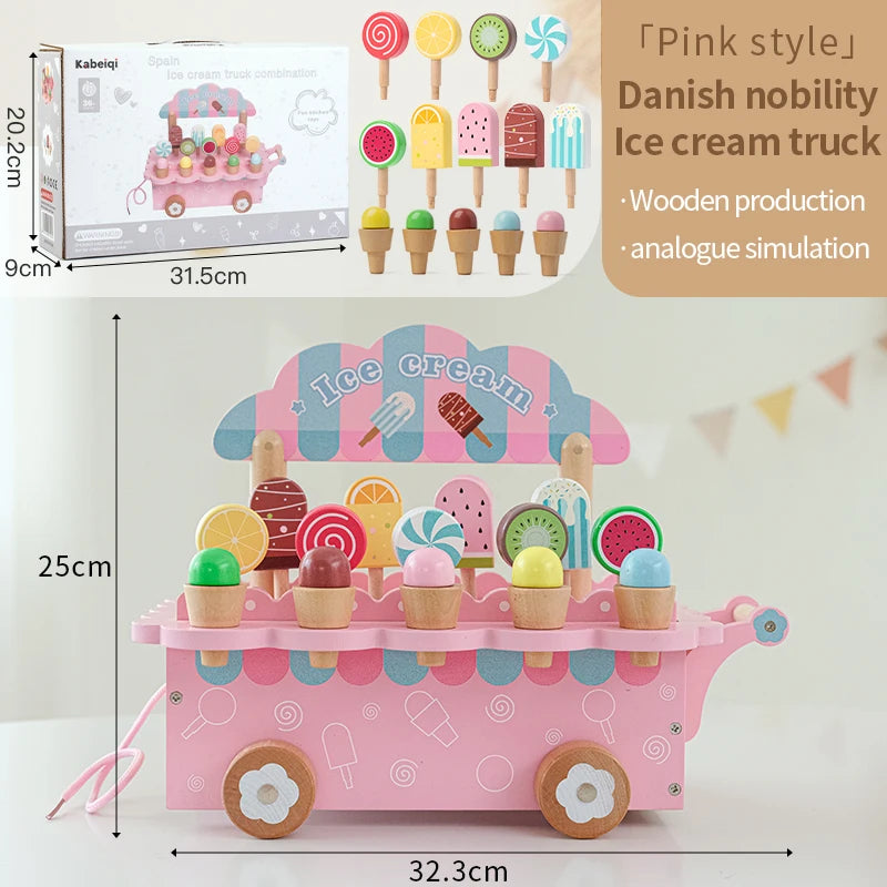 Wooden Ice Cream Girl Toy Kitchen Pretend Play Toys Kitchen Accessories Simulation Ice Cream Shop Montessori Education Toy Gifts