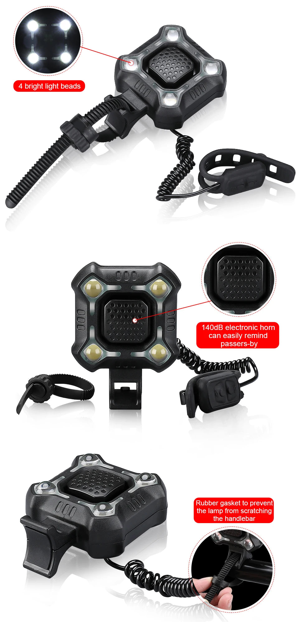Sectyme Bicycle Light Horn Waterproof IPX6 Waterproof USB Charging Bike Headlight Flashlight 140dB 8 Adjustable Lighting Modes