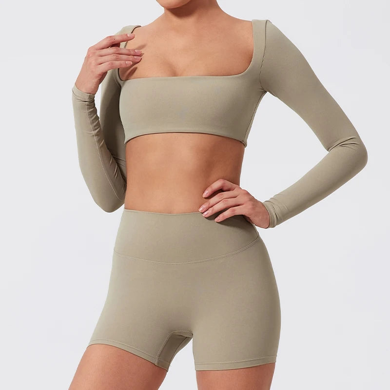 Hearuisavy Summer Quick Dry Square Neck Activewear Women Gym Top Fitness Sports Crop Top Female Casual Long Sleeve Yoga Clothes