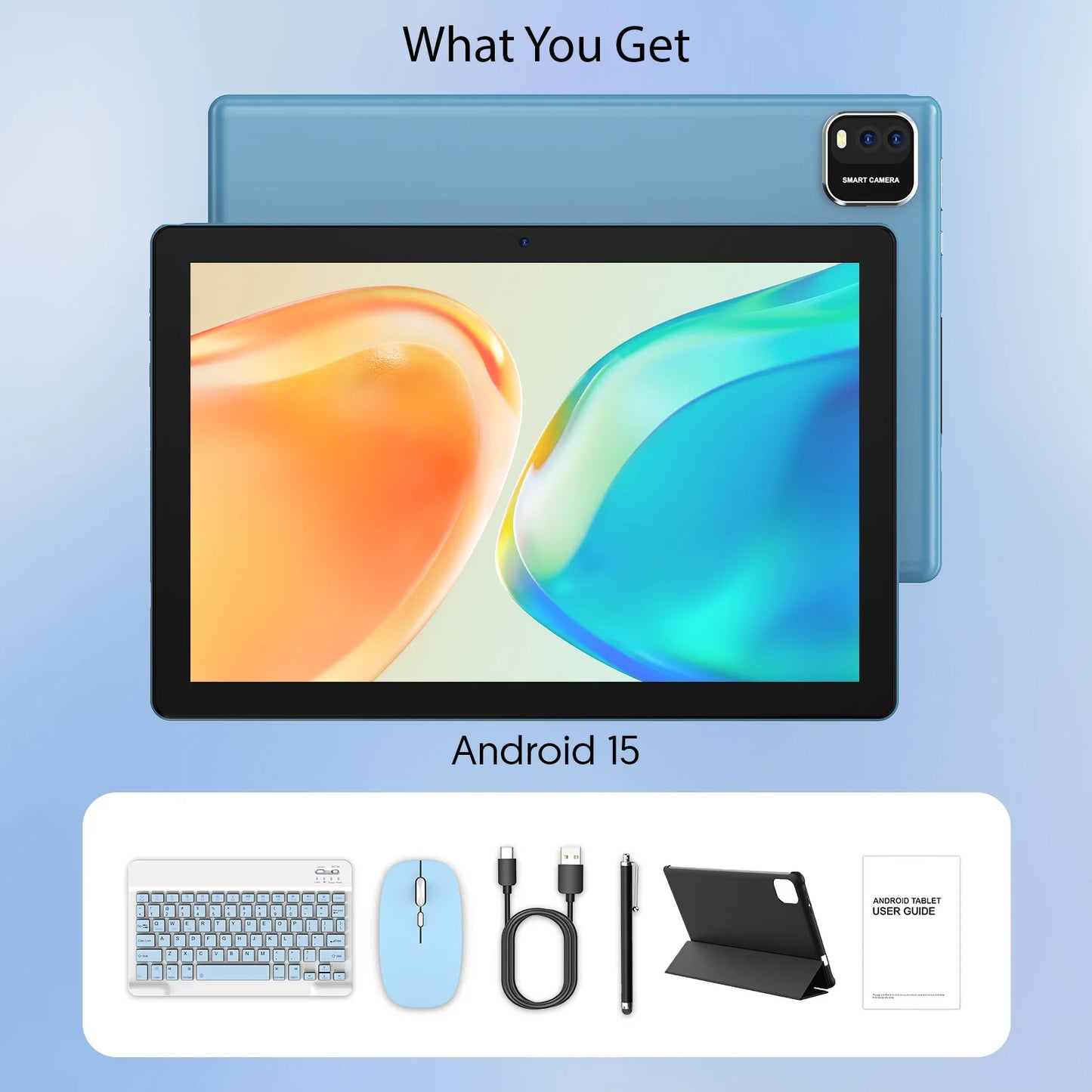 BAKEN Android 15 tablet, 10-inch, 12 (3+9)GB RAM + 64GB ROM, quad-core, 6000mAh battery, includes a free protective case