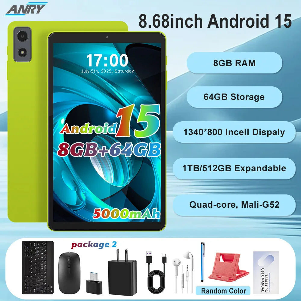 8.68Inch 2025 Android 15 Tablets Quad-core, 8GB RAM+64GB Storage 1TB Expand, 2MP+5MP Dual Camera, 5000mAh Large Capacity Battery