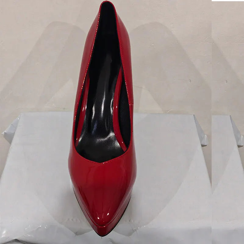 Onlymaker Women Pointed Toe Platform Pumps Concise Slip On Thin High Heels Patent Leather Matte Black Big Size Elegant Shoes