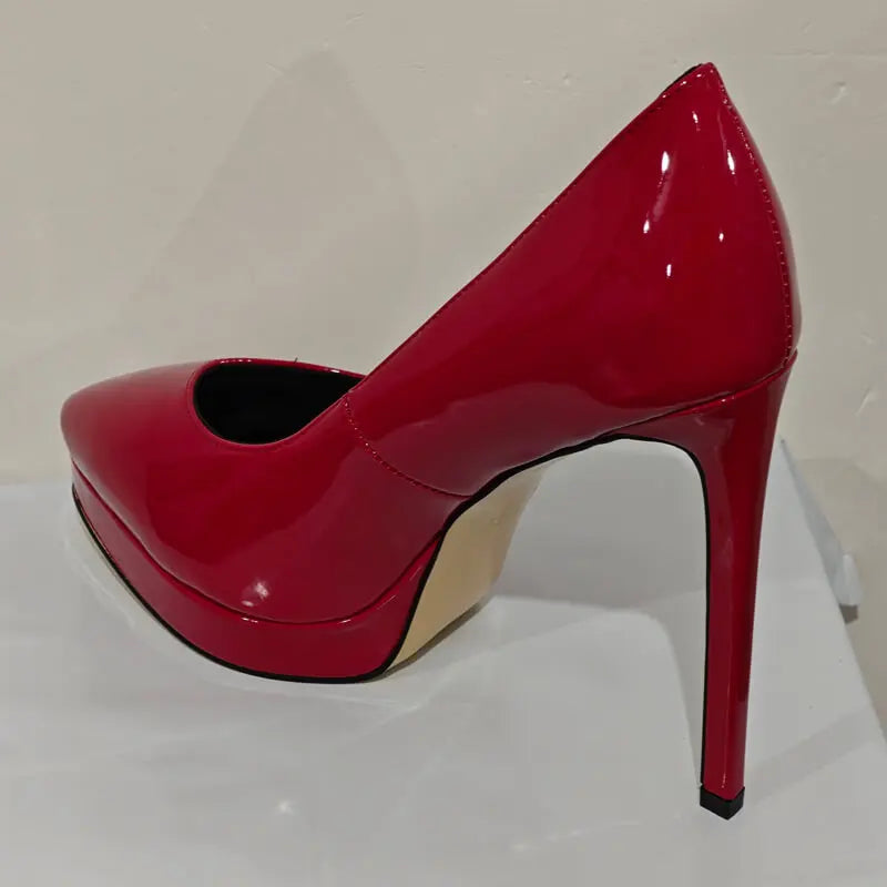 Onlymaker Women Pointed Toe Platform Pumps Concise Slip On Thin High Heels Patent Leather Matte Black Big Size Elegant Shoes