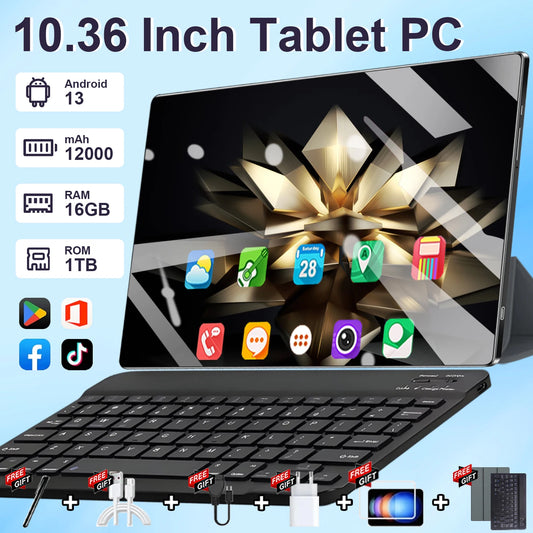 2026 5G Tablet Android 13.0 Brand New 10.36 inch 16GB RAM 1TB ROM Tablet 16MP 32MP 12000mAh 10Core WIFI Bluetooth Network Tablet