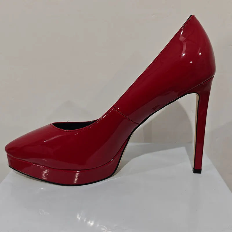 Onlymaker Women Pointed Toe Platform Pumps Concise Slip On Thin High Heels Patent Leather Matte Black Big Size Elegant Shoes