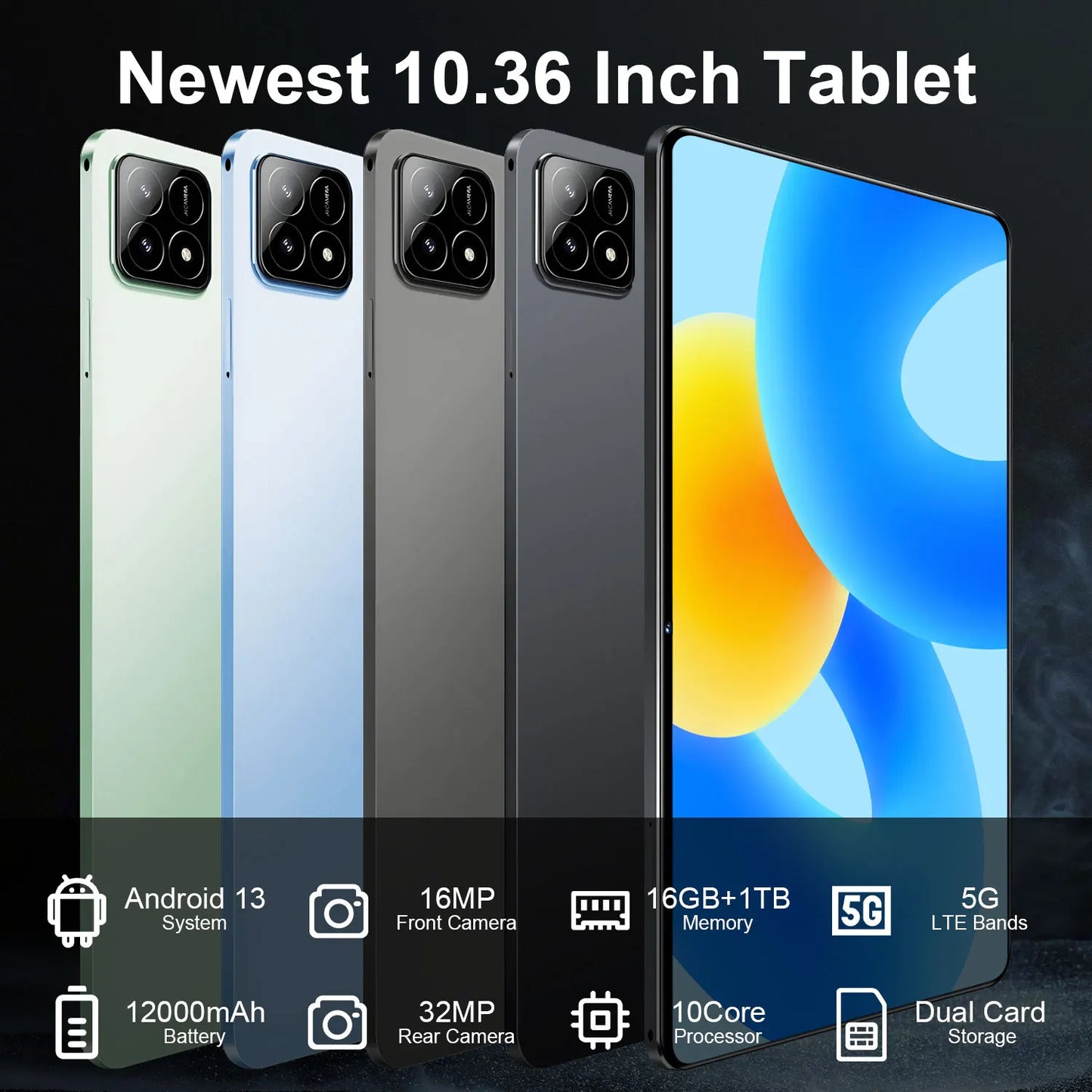 2026 5G Tablet Android 13.0 Brand New 10.36 inch 16GB RAM 1TB ROM Tablet 16MP 32MP 12000mAh 10Core WIFI Bluetooth Network Tablet