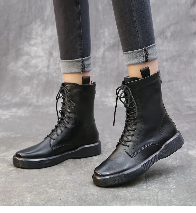 DRKANOL 2026 Fashion Women Boots Autumn Winter Shoes Soft Bottom 100% Genuine Leather Flat Mid Calf Boots Women Casual Warm Boot