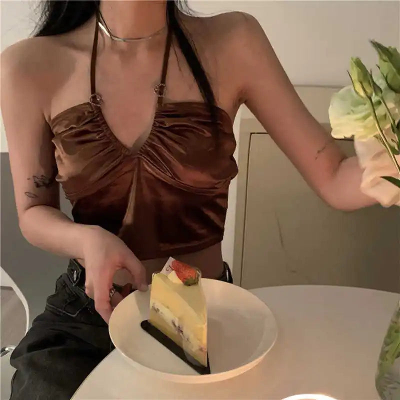 21 Style Sexy Vintage Strappy Y2K Halter Crop Top Women Summer 90s Backless Cami Tops Tees Ladies Fashion Fitness Camisole Party