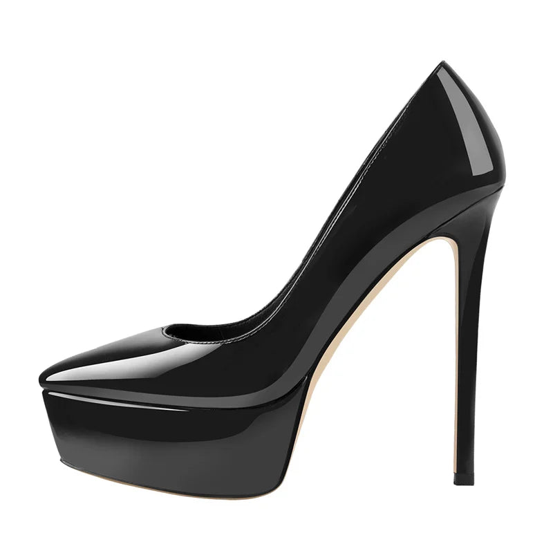 Onlymaker Women Pointed Toe Platform Pumps Concise Slip On Thin High Heels Patent Leather Matte Black Big Size Elegant Shoes