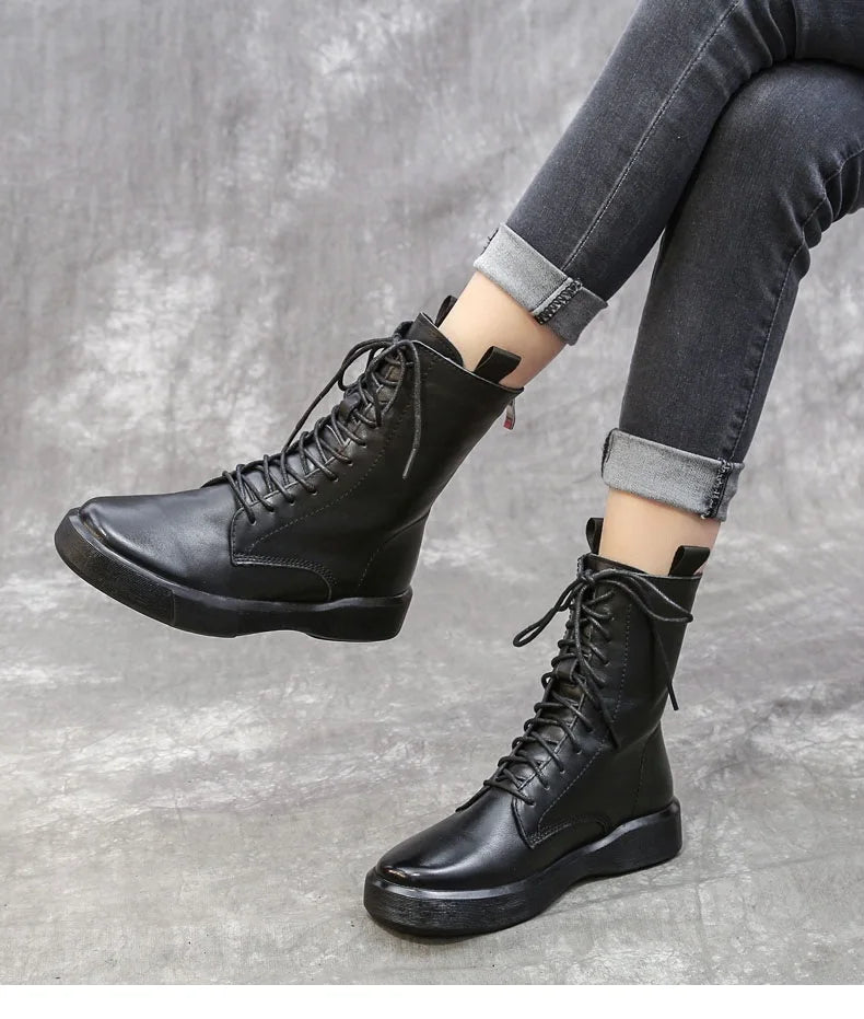 DRKANOL 2026 Fashion Women Boots Autumn Winter Shoes Soft Bottom 100% Genuine Leather Flat Mid Calf Boots Women Casual Warm Boot