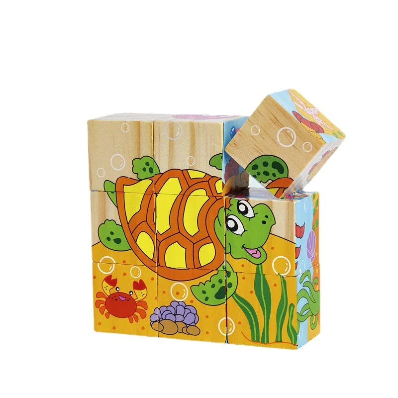 Free Shipping Children Wooden Cartoon Animal Puzzle Toys 6 Sides Wisdom Jigsaw Early Education Toys Parent-Child Game