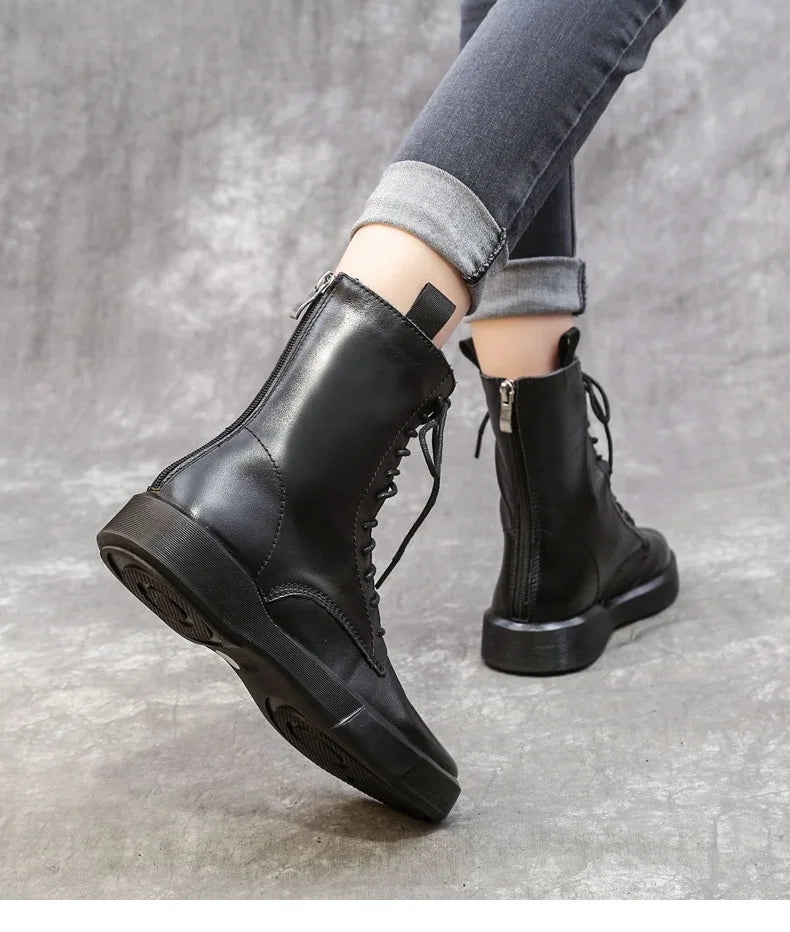 DRKANOL 2026 Fashion Women Boots Autumn Winter Shoes Soft Bottom 100% Genuine Leather Flat Mid Calf Boots Women Casual Warm Boot