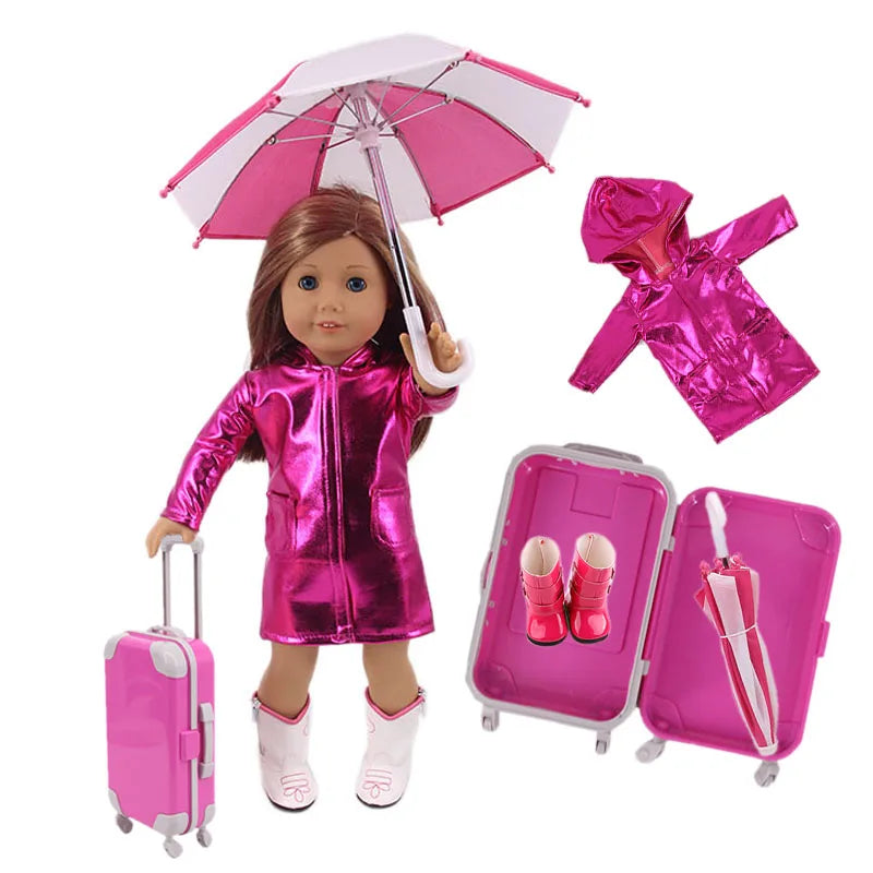 4Pcs=Raincoat+Umbrella+Rain Boots+Suitcase For 18 Inch American Doll&43Cm Reborn Baby Doll Accessories Generation Girl DIY Toys