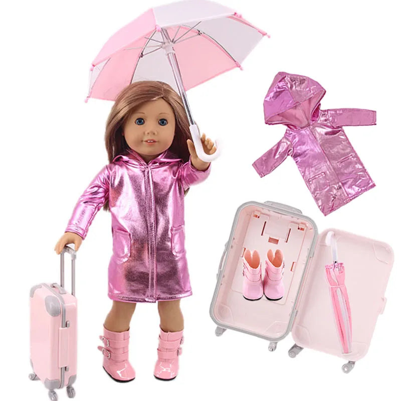 4Pcs=Raincoat+Umbrella+Rain Boots+Suitcase For 18 Inch American Doll&43Cm Reborn Baby Doll Accessories Generation Girl DIY Toys