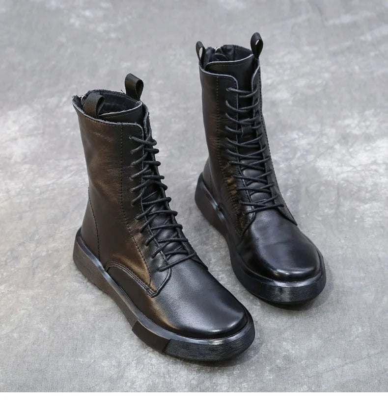DRKANOL 2026 Fashion Women Boots Autumn Winter Shoes Soft Bottom 100% Genuine Leather Flat Mid Calf Boots Women Casual Warm Boot