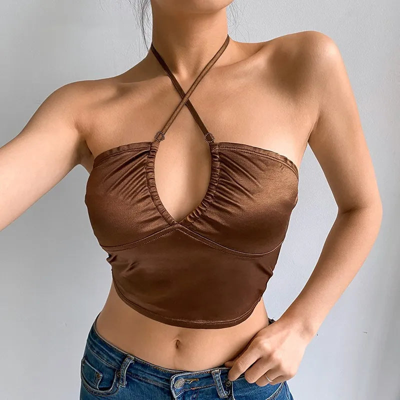 21 Style Sexy Vintage Strappy Y2K Halter Crop Top Women Summer 90s Backless Cami Tops Tees Ladies Fashion Fitness Camisole Party