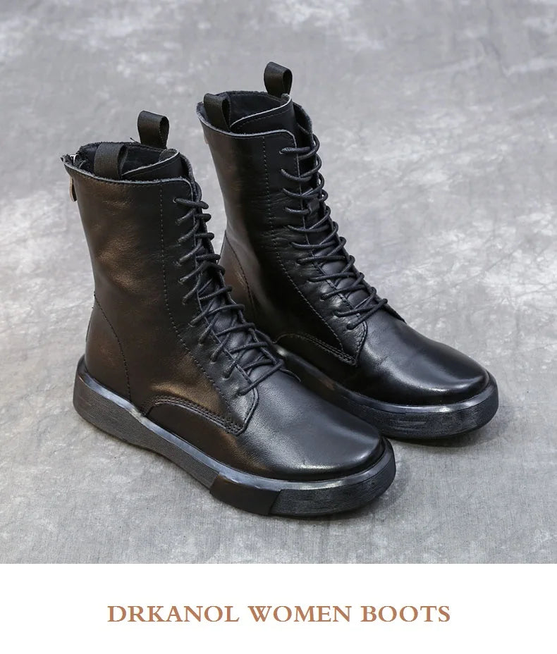 DRKANOL 2026 Fashion Women Boots Autumn Winter Shoes Soft Bottom 100% Genuine Leather Flat Mid Calf Boots Women Casual Warm Boot