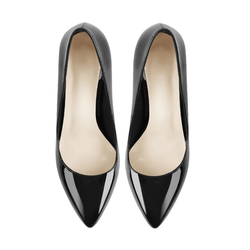 Onlymaker Women Pointed Toe Platform Pumps Concise Slip On Thin High Heels Patent Leather Matte Black Big Size Elegant Shoes