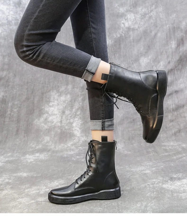 DRKANOL 2026 Fashion Women Boots Autumn Winter Shoes Soft Bottom 100% Genuine Leather Flat Mid Calf Boots Women Casual Warm Boot