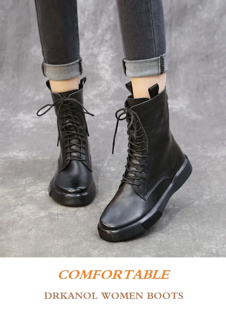 DRKANOL 2026 Fashion Women Boots Autumn Winter Shoes Soft Bottom 100% Genuine Leather Flat Mid Calf Boots Women Casual Warm Boot