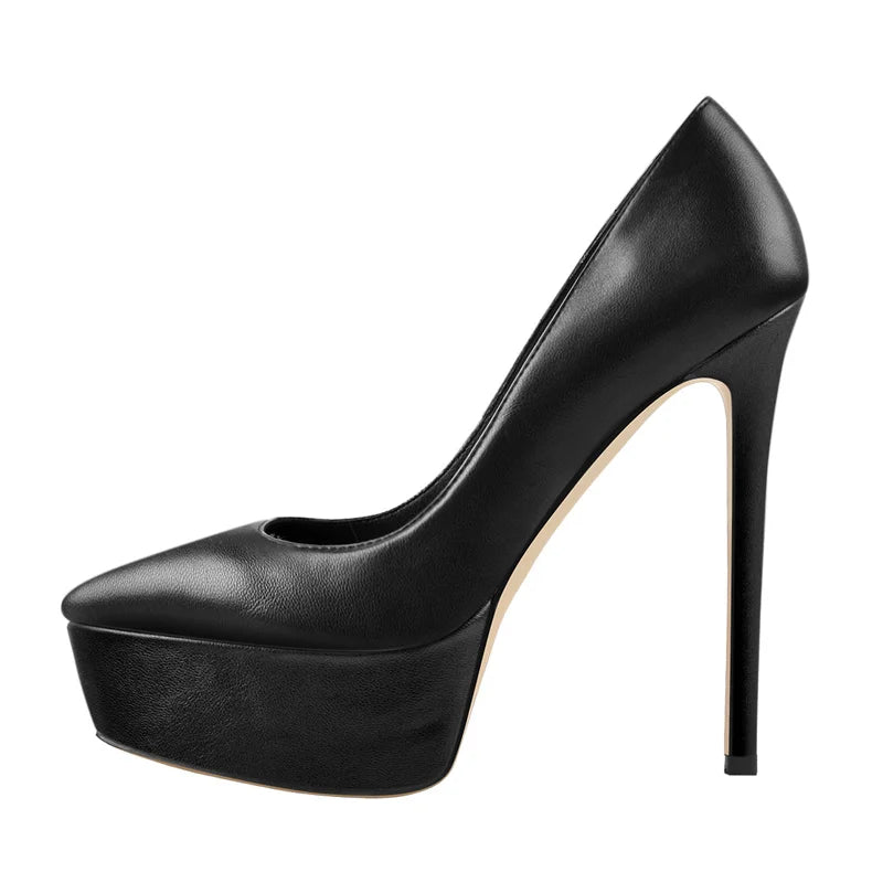 Onlymaker Women Pointed Toe Platform Pumps Concise Slip On Thin High Heels Patent Leather Matte Black Big Size Elegant Shoes