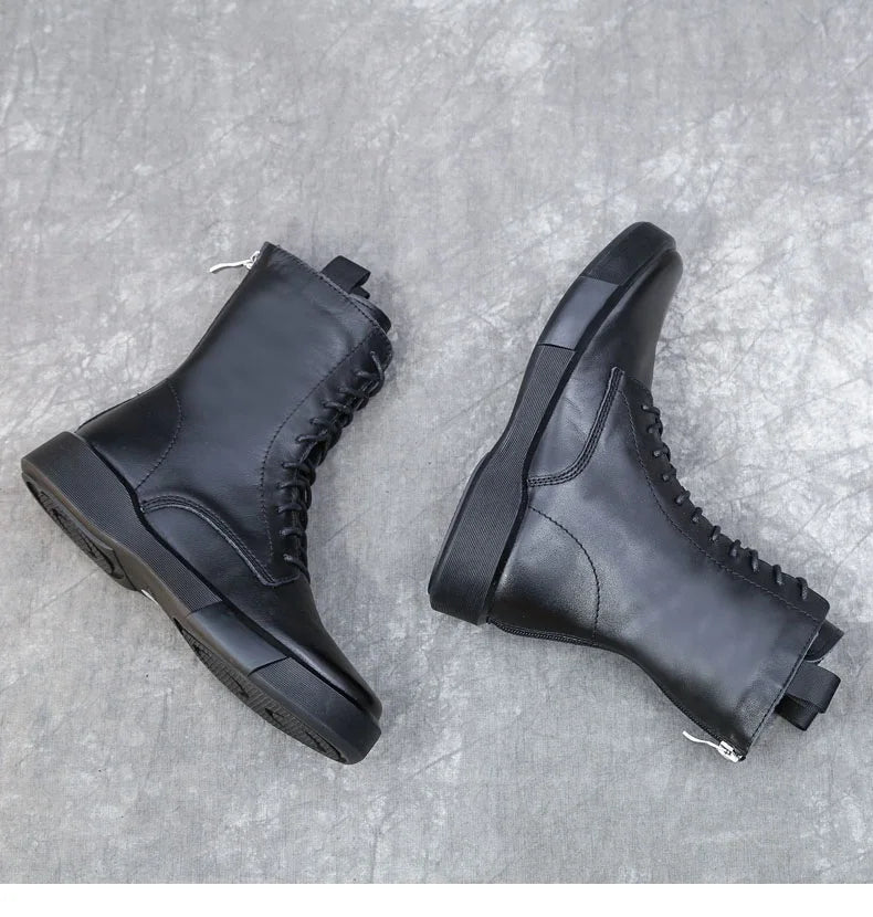 DRKANOL 2026 Fashion Women Boots Autumn Winter Shoes Soft Bottom 100% Genuine Leather Flat Mid Calf Boots Women Casual Warm Boot