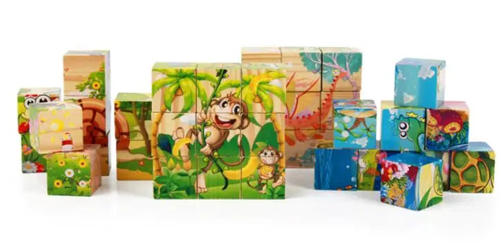 Free Shipping Children Wooden Cartoon Animal Puzzle Toys 6 Sides Wisdom Jigsaw Early Education Toys Parent-Child Game