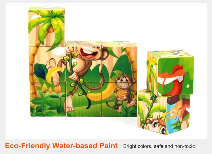 Free Shipping Children Wooden Cartoon Animal Puzzle Toys 6 Sides Wisdom Jigsaw Early Education Toys Parent-Child Game