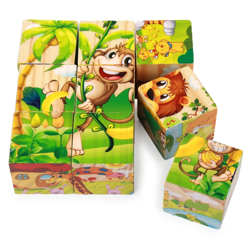 Free Shipping Children Wooden Cartoon Animal Puzzle Toys 6 Sides Wisdom Jigsaw Early Education Toys Parent-Child Game