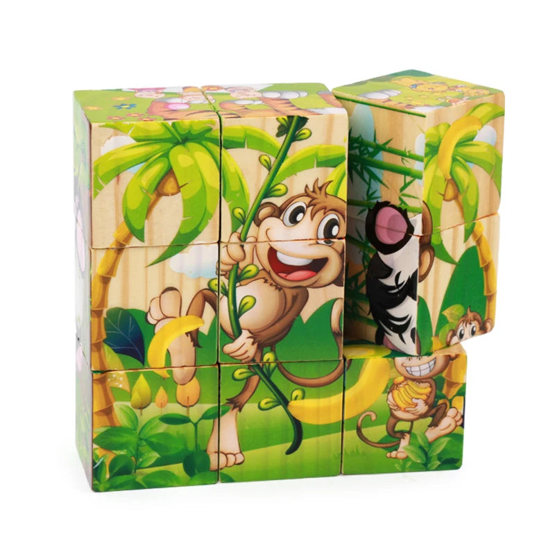 Free Shipping Children Wooden Cartoon Animal Puzzle Toys 6 Sides Wisdom Jigsaw Early Education Toys Parent-Child Game