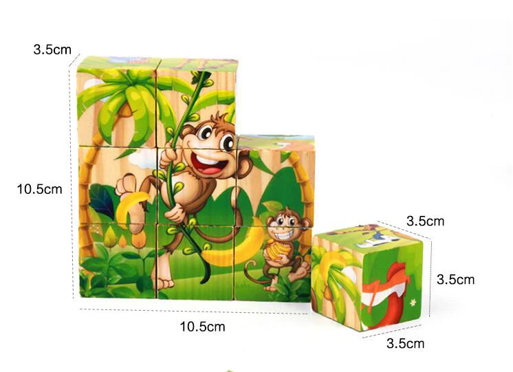 Free Shipping Children Wooden Cartoon Animal Puzzle Toys 6 Sides Wisdom Jigsaw Early Education Toys Parent-Child Game