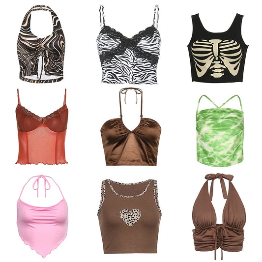 21 Style Sexy Vintage Strappy Y2K Halter Crop Top Women Summer 90s Backless Cami Tops Tees Ladies Fashion Fitness Camisole Party