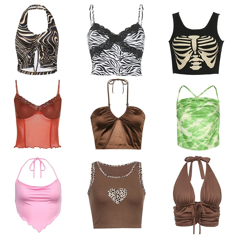 21 Style Sexy Vintage Strappy Y2K Halter Crop Top Women Summer 90s Backless Cami Tops Tees Ladies Fashion Fitness Camisole Party