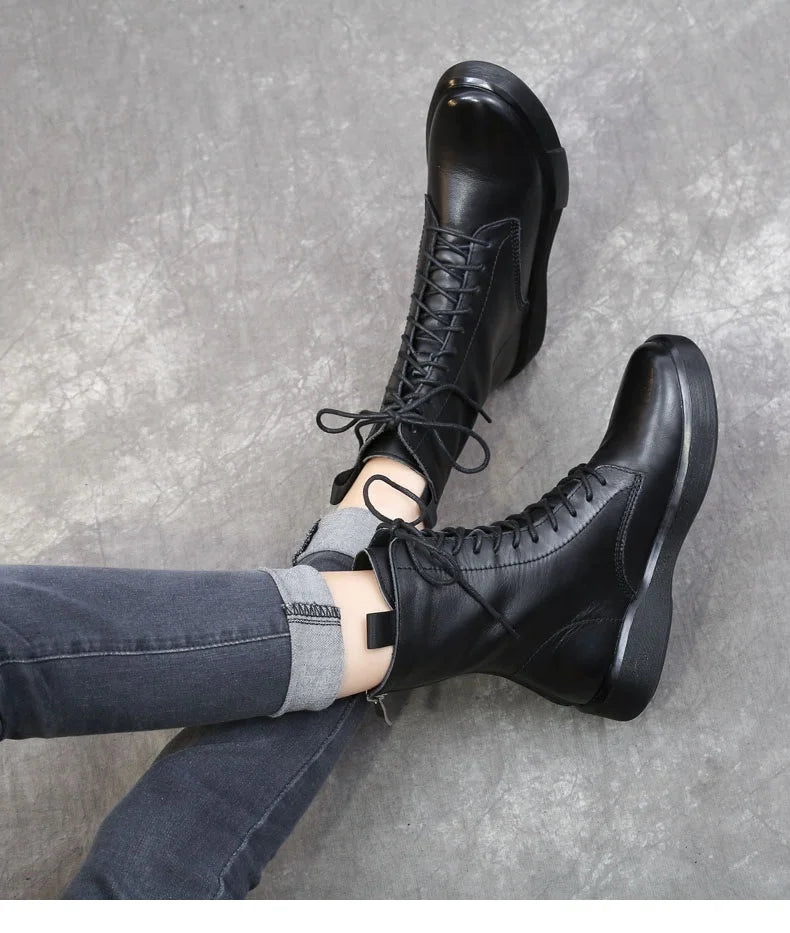 DRKANOL 2026 Fashion Women Boots Autumn Winter Shoes Soft Bottom 100% Genuine Leather Flat Mid Calf Boots Women Casual Warm Boot