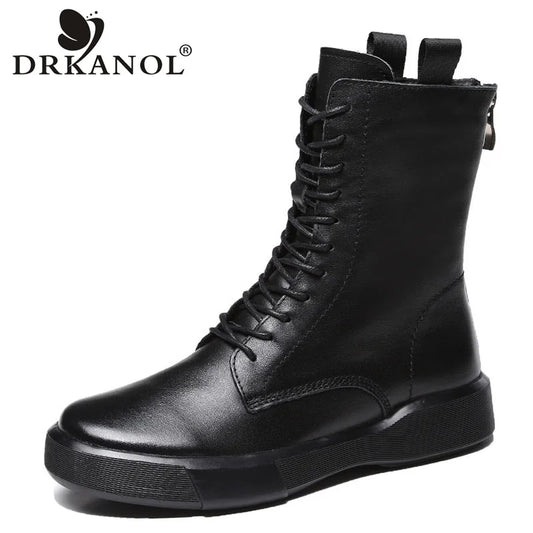 DRKANOL 2026 Fashion Women Boots Autumn Winter Shoes Soft Bottom 100% Genuine Leather Flat Mid Calf Boots Women Casual Warm Boot