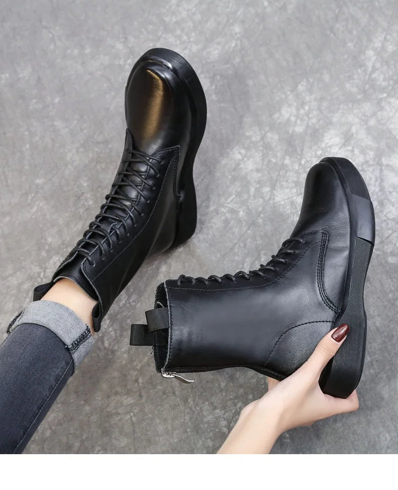 DRKANOL 2026 Fashion Women Boots Autumn Winter Shoes Soft Bottom 100% Genuine Leather Flat Mid Calf Boots Women Casual Warm Boot