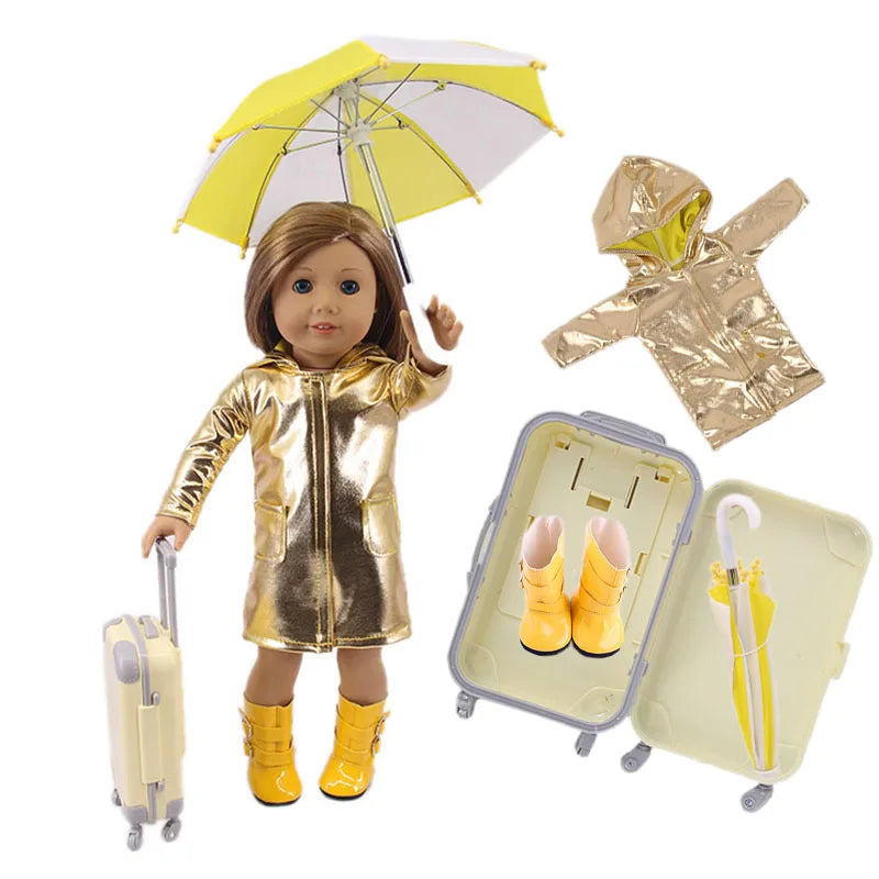 4Pcs=Raincoat+Umbrella+Rain Boots+Suitcase For 18 Inch American Doll&43Cm Reborn Baby Doll Accessories Generation Girl DIY Toys