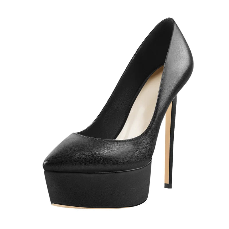 Onlymaker Women Pointed Toe Platform Pumps Concise Slip On Thin High Heels Patent Leather Matte Black Big Size Elegant Shoes