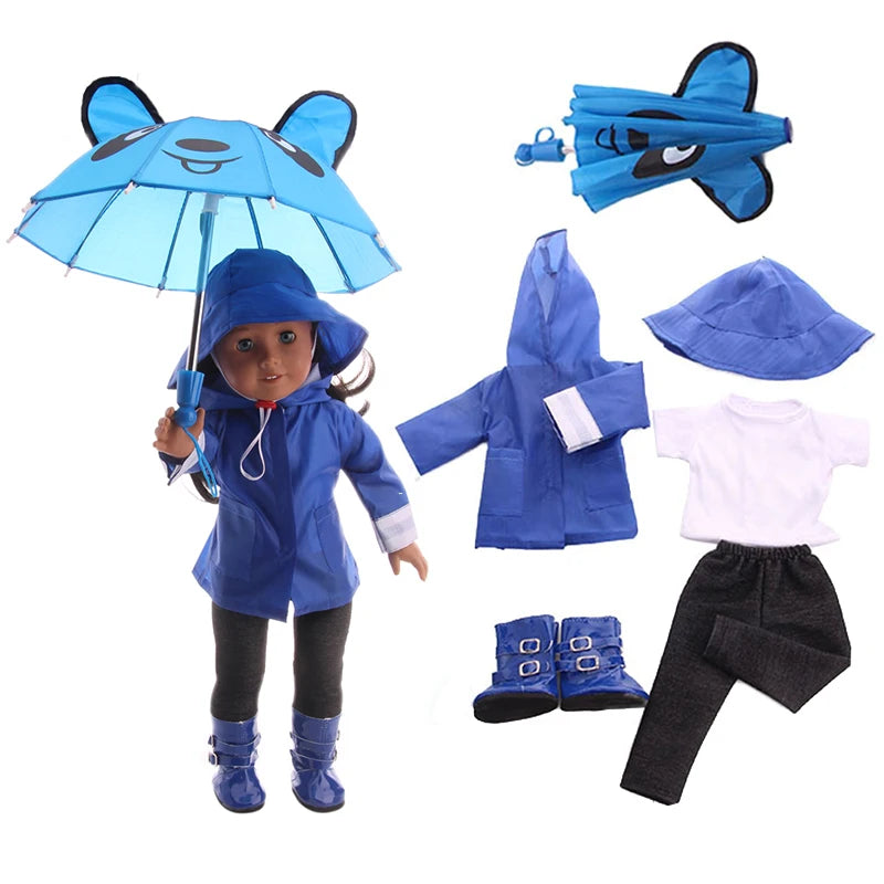 4Pcs=Raincoat+Umbrella+Rain Boots+Suitcase For 18 Inch American Doll&43Cm Reborn Baby Doll Accessories Generation Girl DIY Toys