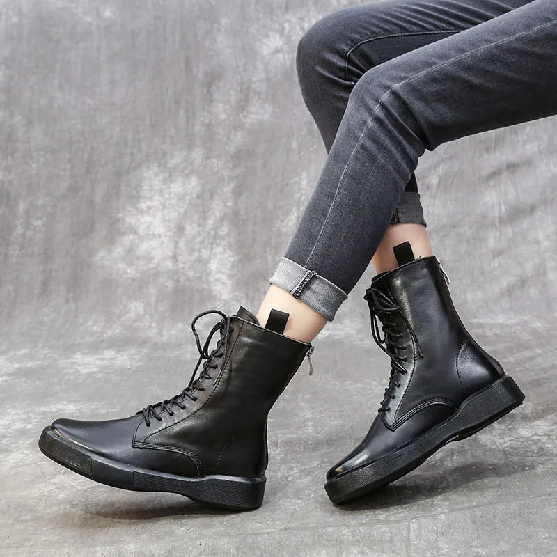 DRKANOL 2026 Fashion Women Boots Autumn Winter Shoes Soft Bottom 100% Genuine Leather Flat Mid Calf Boots Women Casual Warm Boot