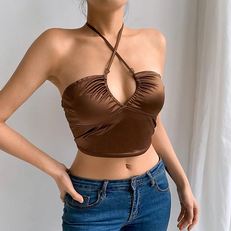 21 Style Sexy Vintage Strappy Y2K Halter Crop Top Women Summer 90s Backless Cami Tops Tees Ladies Fashion Fitness Camisole Party