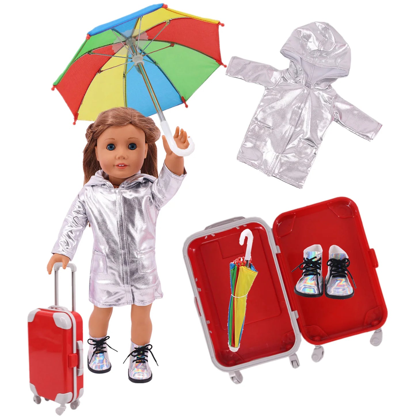 4Pcs=Raincoat+Umbrella+Rain Boots+Suitcase For 18 Inch American Doll&43Cm Reborn Baby Doll Accessories Generation Girl DIY Toys