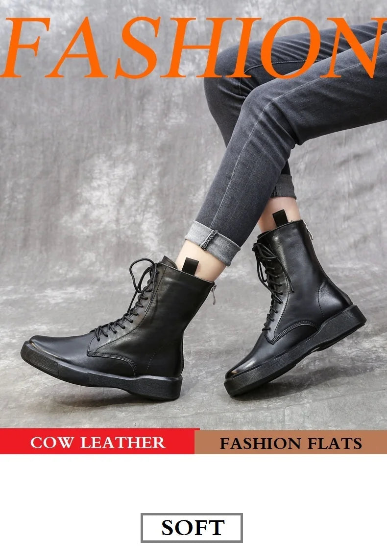 DRKANOL 2026 Fashion Women Boots Autumn Winter Shoes Soft Bottom 100% Genuine Leather Flat Mid Calf Boots Women Casual Warm Boot