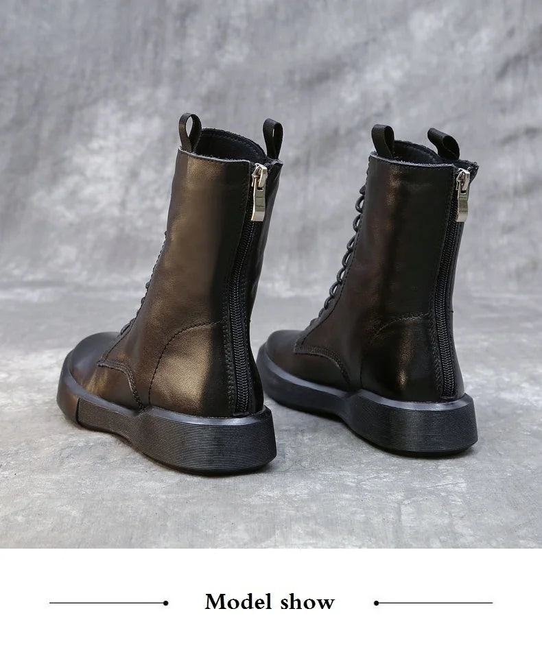 DRKANOL 2026 Fashion Women Boots Autumn Winter Shoes Soft Bottom 100% Genuine Leather Flat Mid Calf Boots Women Casual Warm Boot